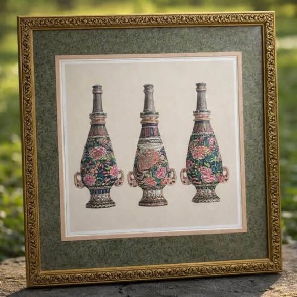 Unbranded Other - Set of 2 Vintage Asian Oriental Framed Wall Art Porcelain Vases Gold Frames